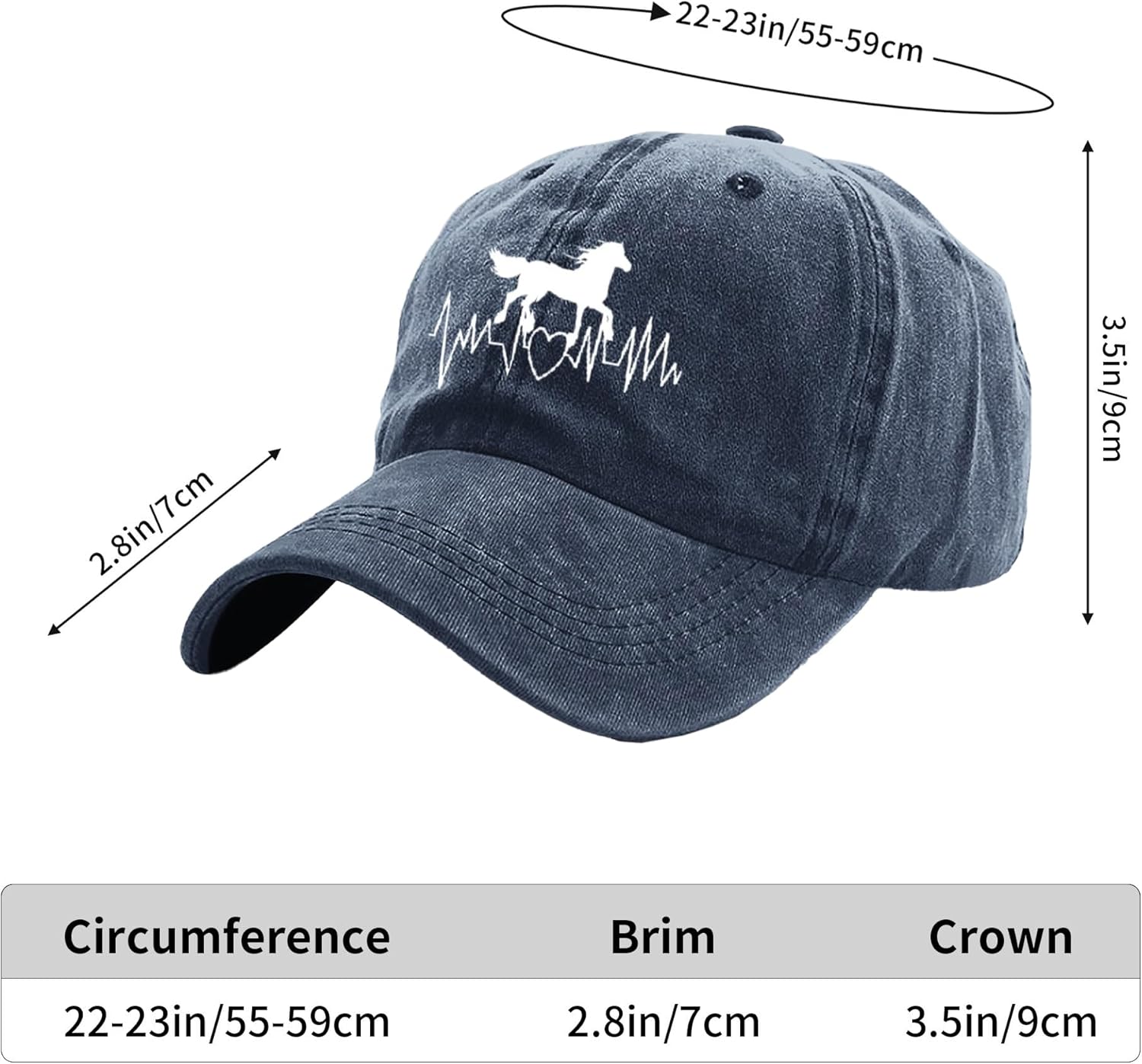 Horse Heartbeat hat for Women Men Vintage Hats Baseball Cap Adjustable Washed Cotton Cap - Image 2