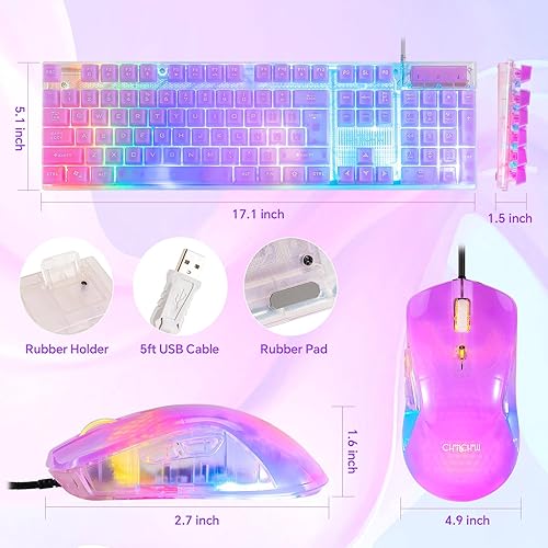 Miniatura 3 de CHONCHOW Combo de teclado y mouse RGB para juegos, teclado transparente con cable USB, retroiluminación LED arco iris, juego de teclado transparente