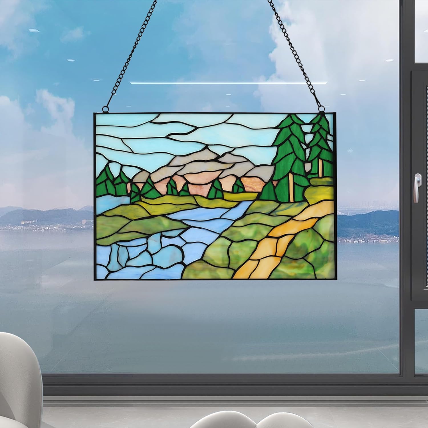 Rectangular Stained Glass Window Hanging Tiffany Style Handmade 16" X 11" Transom Window Panel Housewarming Gift Living Room Bedroom Kitchen Window Decor Hangings with Chain (Landscape)