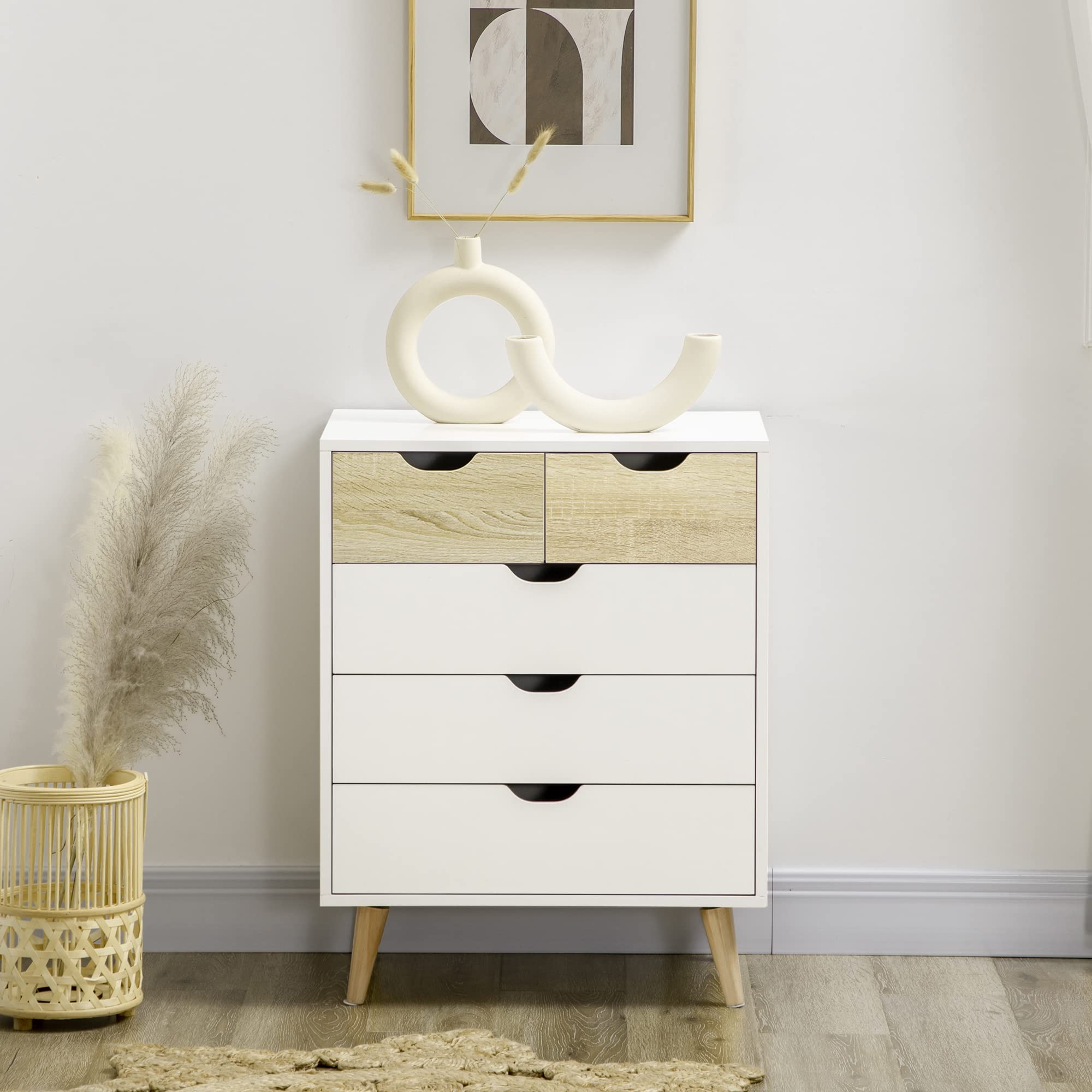 HOMCOM Cassettiera 5 Cassetti per Ingresso, 60x40x77.5cm, Bianco e Legno