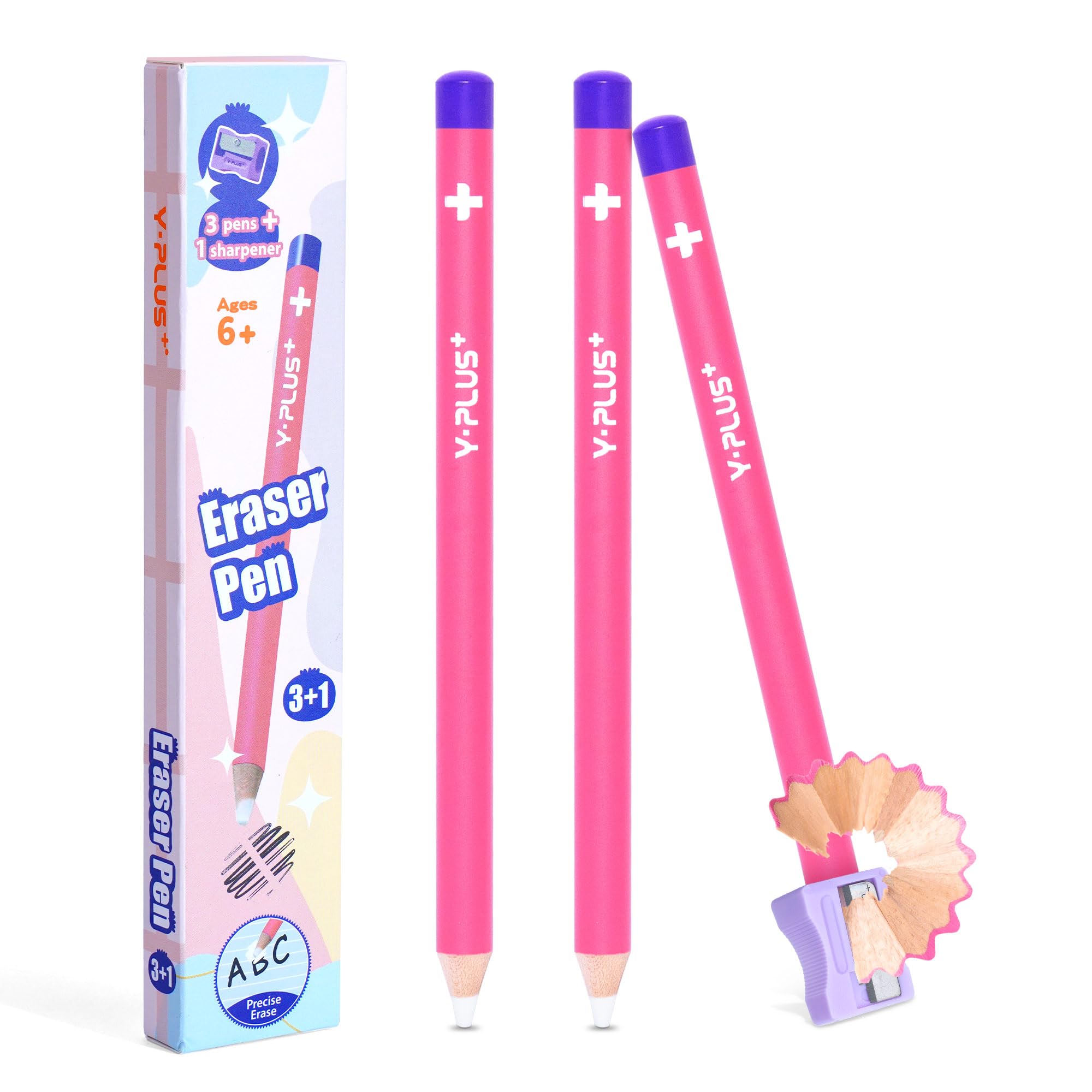 Eraser Pen – 3 Pcs Precision Pencil Eraser for Artists, Students & Professionals, No Trace Wiping, Pinpoint Accuracy, Unique Design with Sharpener - Pink