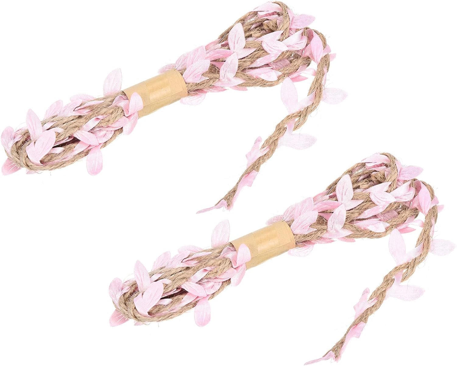 6.6ft 5mm Burlap Leaf Ribbon, 2 Pack Plaited Decoration Vine Natural Jute Rope Twine with Artificial Leaves for Jungle Wedding Party Home Garden Decor, Pink