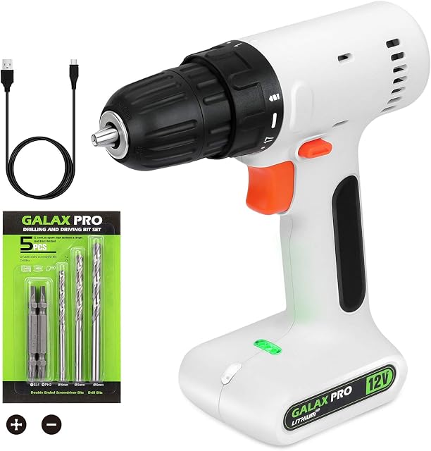 GALAX PRO Drill Driver, 12V 800 RPM Cordless Drill Driver, 17+1 Torque Setting, 10mm Keyless Chuck,with 2 Screwdriver Bits and 3 Drill Bits
