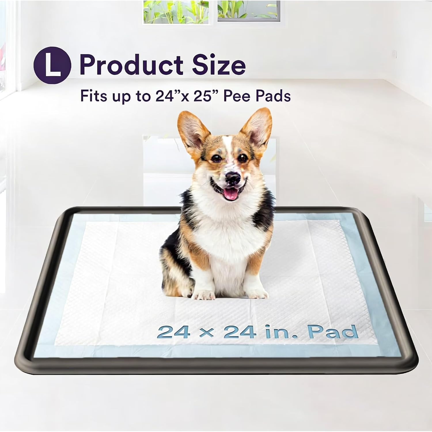 Pee Pad Tray Holder for Dogs - Square Potty Training Pads No Spill Raised Lip High Edge Silicone Mat, Extra Thick and Non-Slip for Indoor Floor Protection (24×24in, Black)