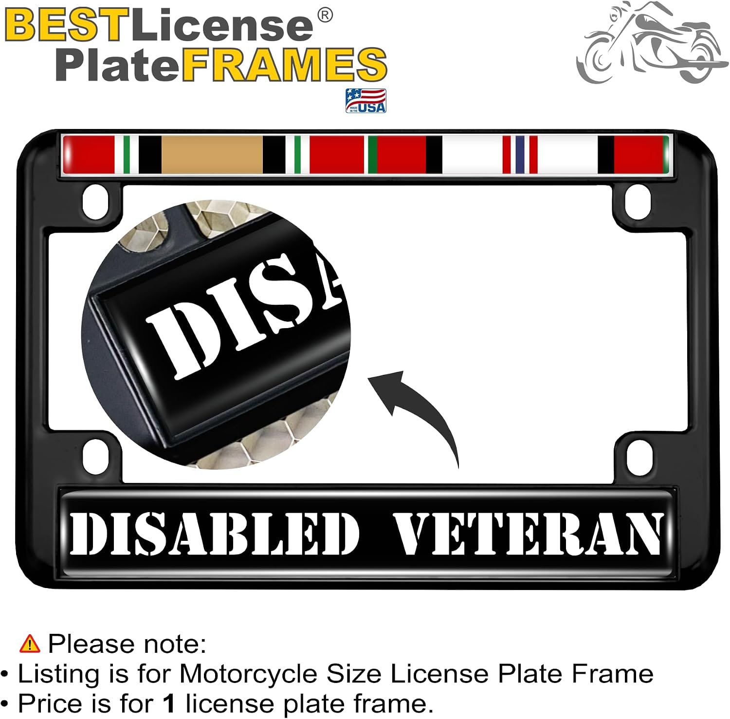 Motorcycle Domed Custom-Made Personalized Metal 4-Hole License Plate Frame with Iraq Afghanistan Disabled Veteran Design - Black