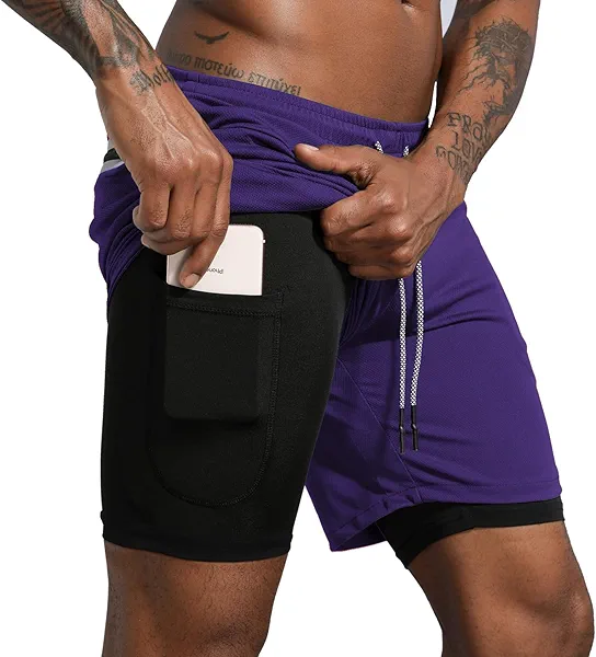 Leidowei Men's 2 in 1 Workout Running Shorts Lightweight Training Yoga Gym 7" Short with Zipper Pockets