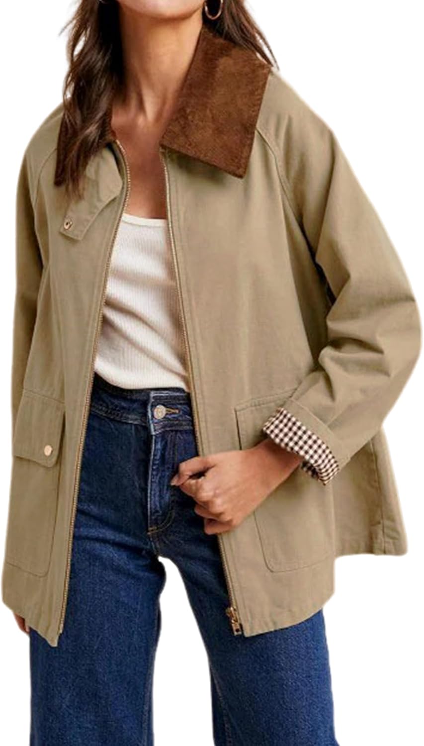 SCUSTY Women's Barn Jackets Fall Color Block Corduroy Collar Utility Coat Outerwear with Pockets