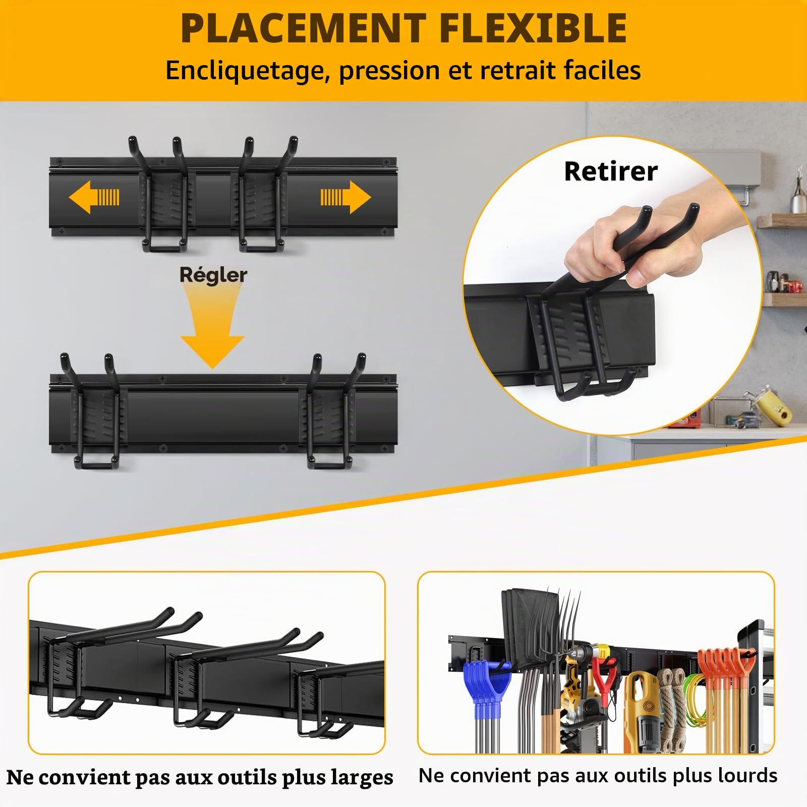 Garage Tool Manager, Porte Outils Mural, Rangement Outils Jardin, Support Mural d'Outils de Garage avec 9 Crochets et 3 Rails pour Outils de Jardin, Pelles, Balais
