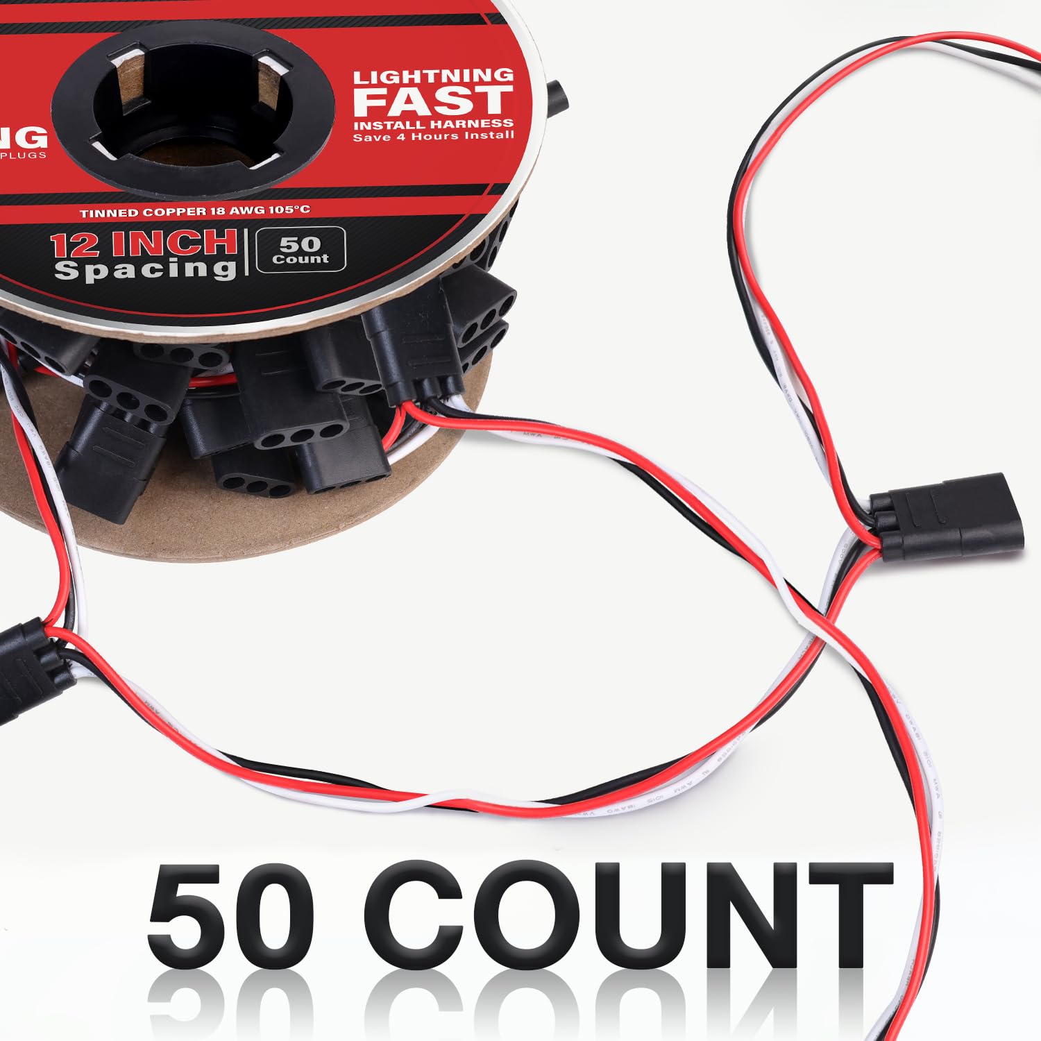 TMH 50 Count of “3-Prong Female” Wire Harness Roll 18 Gauge - 12" Spacing Extra Long, Triple Female Bullet Plug for LED Marker Clearance Lights Quick Hassle-Free Installation