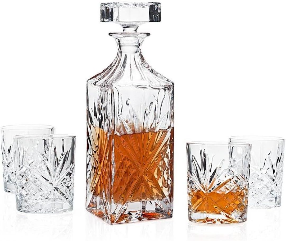 Barware Set, Liquor Decanter, 4 Double Old Fashioned Glasses & Tray, Drinkware & Glassware, 6 Piece Set, Shannon Collection