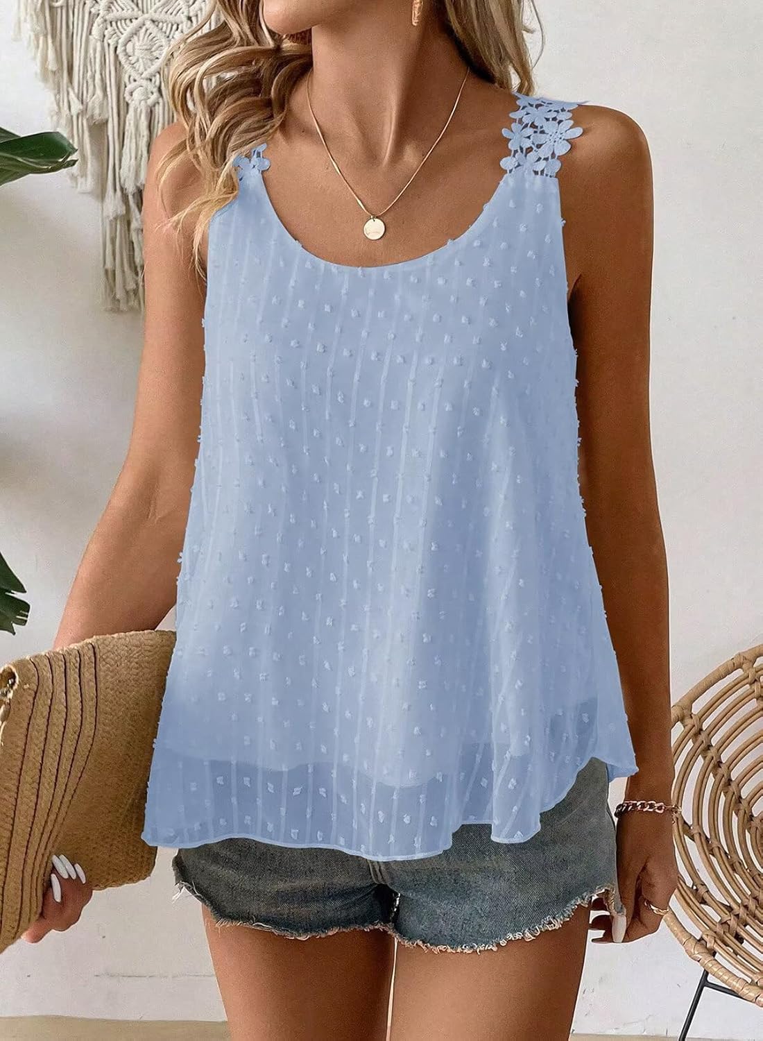 Womens Tank Tops Flowy Sleeveless Summer Boho Tank Top for Women Casual Crewneck Strap Lace Camisole Shirts - Image 2