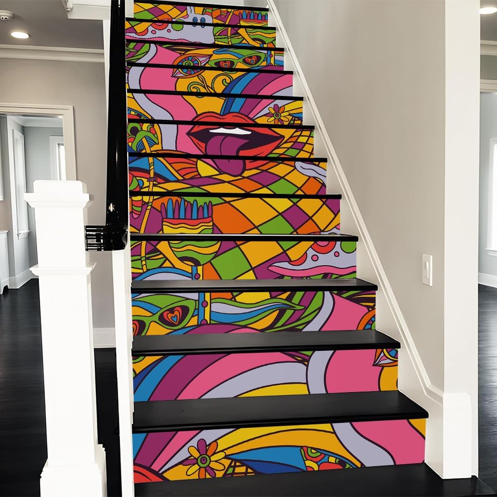REDAMANCY Modern Abstract Colorful Graffiti Paint Peel and Stick Vinyl Stair Riser Decals Staircase Tile Stair Stickers Abstract Art Modern Marble Decoration Self-Adhesive Stair Decals (14 Pcs)