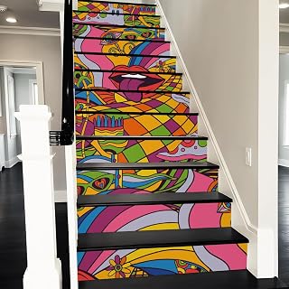 REDAMANCY Modern Abstract Colorful Graffiti Paint Peel and Stick Vinyl Stair Riser Decals Staircase Tile Stair Stickers Abstract Art Modern Marble Decoration Self-Adhesive Stair Decals (14 Pcs)