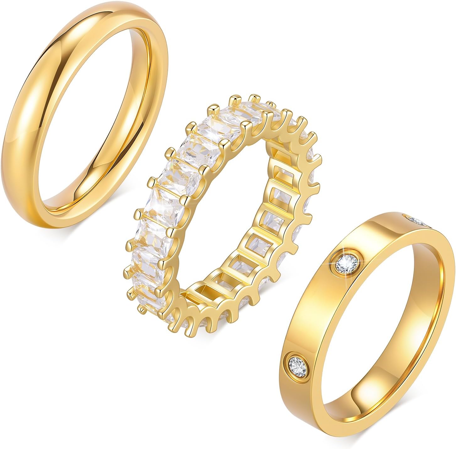 Stackable Gold Rings for Women - 3Pcs 18K Gold Plated Ring, Stainless Steel Cubic Zirconia Bands, Waterproof Non-Tarnish Minimalist Jewelry Daily Fashion Gift for Anniversary Birthday Valentine's Day
