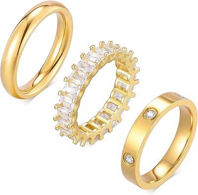 Stackable Gold Rings for Women - 3Pcs 18K Gold Plated Ring, Stainless Steel Cubic Zirconia Bands, Waterproof Non-Tarnish Minimalist Jewelry Daily Fashion Gift for Anniversary Birthday Valentines Day