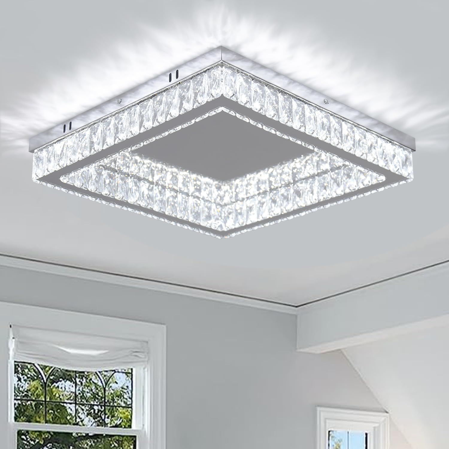 Finktonglan Plafoniera LED Cristallo Moderna Quadrata 45 cm, Lampadario a Soffitto in Acciaio Inossidabile con Cristalli K9, Bianco Freddo 6000K, 34W per Soggiorno Camera Sala da Pranzo