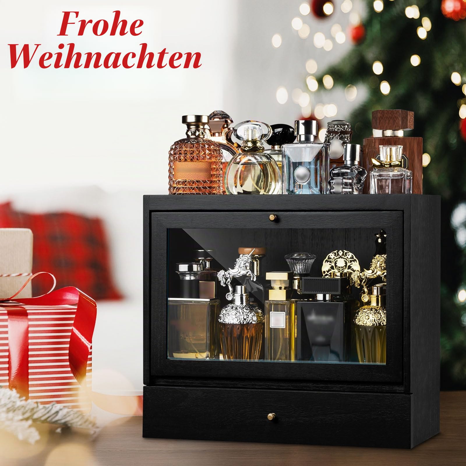 Parfüm Organizer für Männer & Frauen, Parfum Aufbewahrung aus Holz mit Schublade, Große Kapazität & Staubdicht Parfum Organizer für Kosmetik & Düfte auf dem Schminktisch (Schwarz)