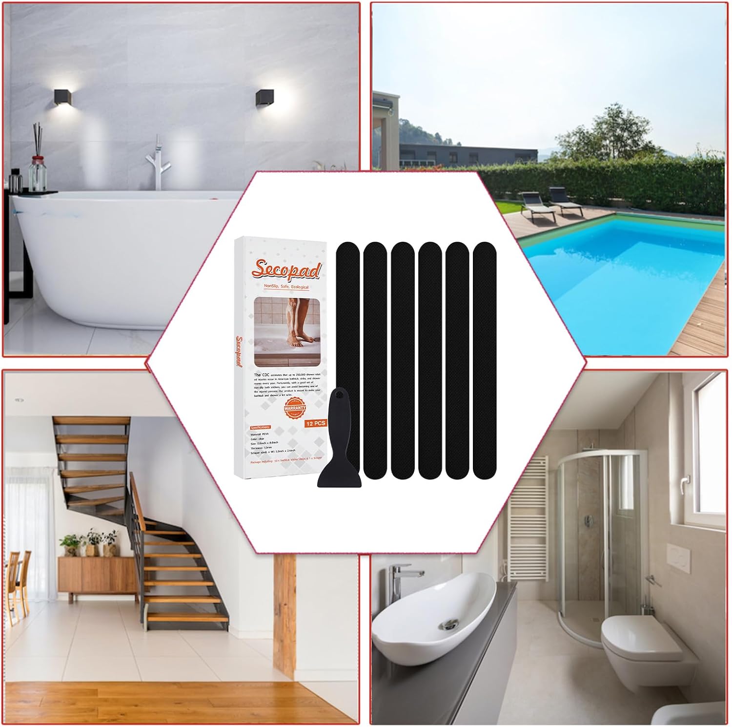 Secopad Original Anti-Slip Shower Stickers for Bathtub & Shower Floor, Strong Adhesive Safety Strips with Scraper Ideal for Families with Kids, Adults & Seniors, 24 PCS (Black)