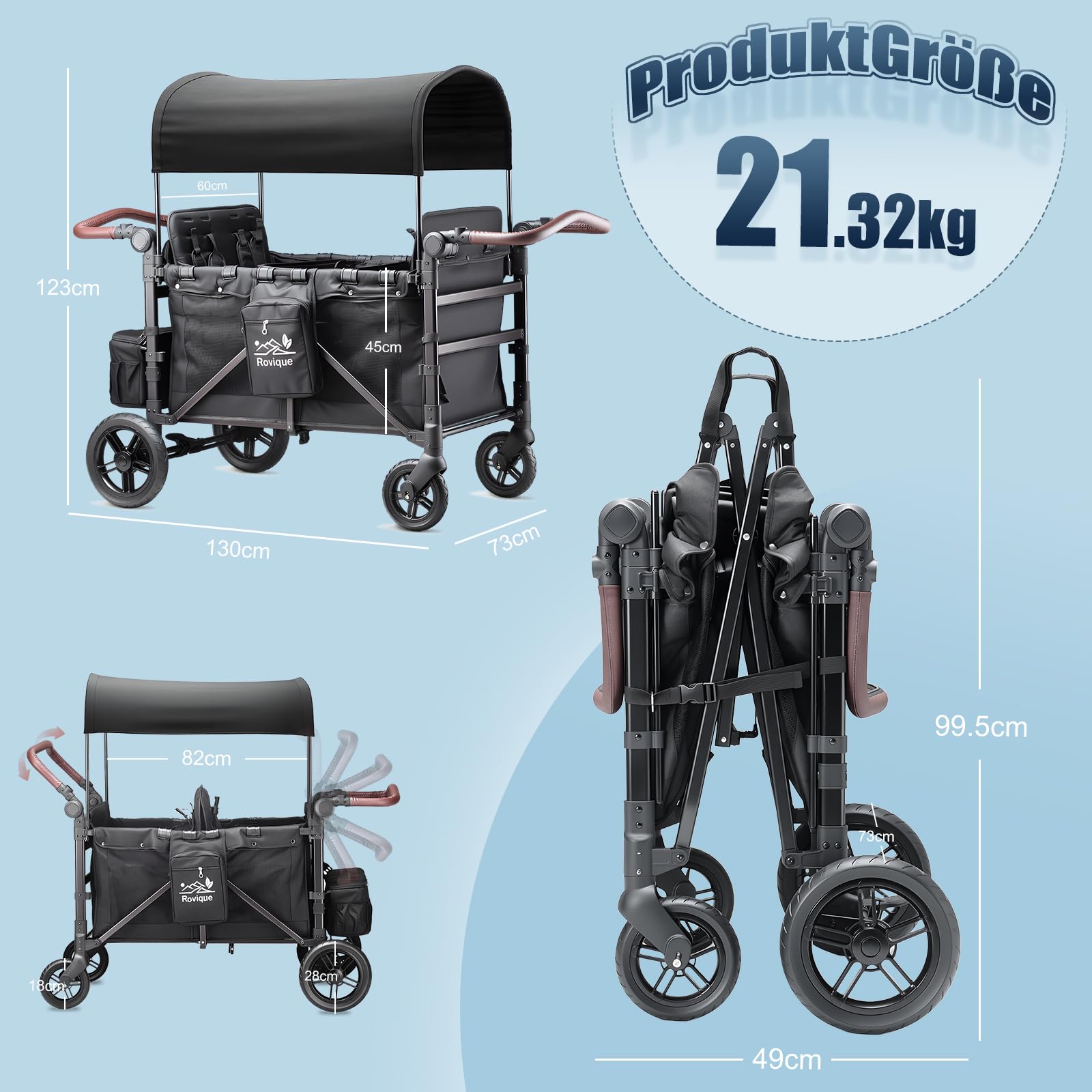 Bollerwagen faltbar mit Dach 4 Kinder,Handwagen faltbar Kinderwagen Baby Bollerwagen mit Dach,abnehmbarem Tablett,5-Punkt-Gurt,verstellbarem Griff,hohem Sitz und großem Stauraum, Schwarz