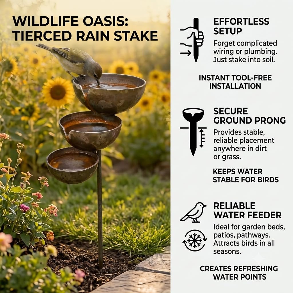 Bronze Rain Catcher Garden Stake, 68x12x5cm 3-Tier Metal Rain Catcher for Garden & Bee Watering Station, Decorative Wildlife Water Bowl, Small Bird Baths & Garden Ornaments for Outdoor，2PCS