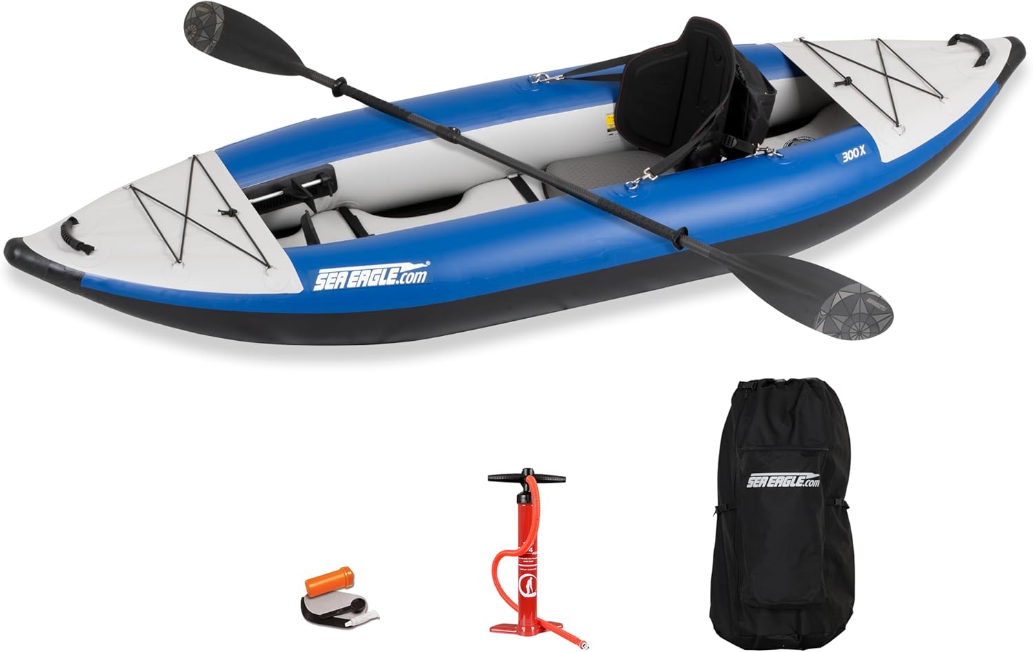 Sea Eagle 300X Explorer Touring, Camping, Fishing Whitewater Inflatable Kayak, Solo, Self-Bailing, Drop Stitch Floor-Paddle, Seat, Pump, Skeg, Bag