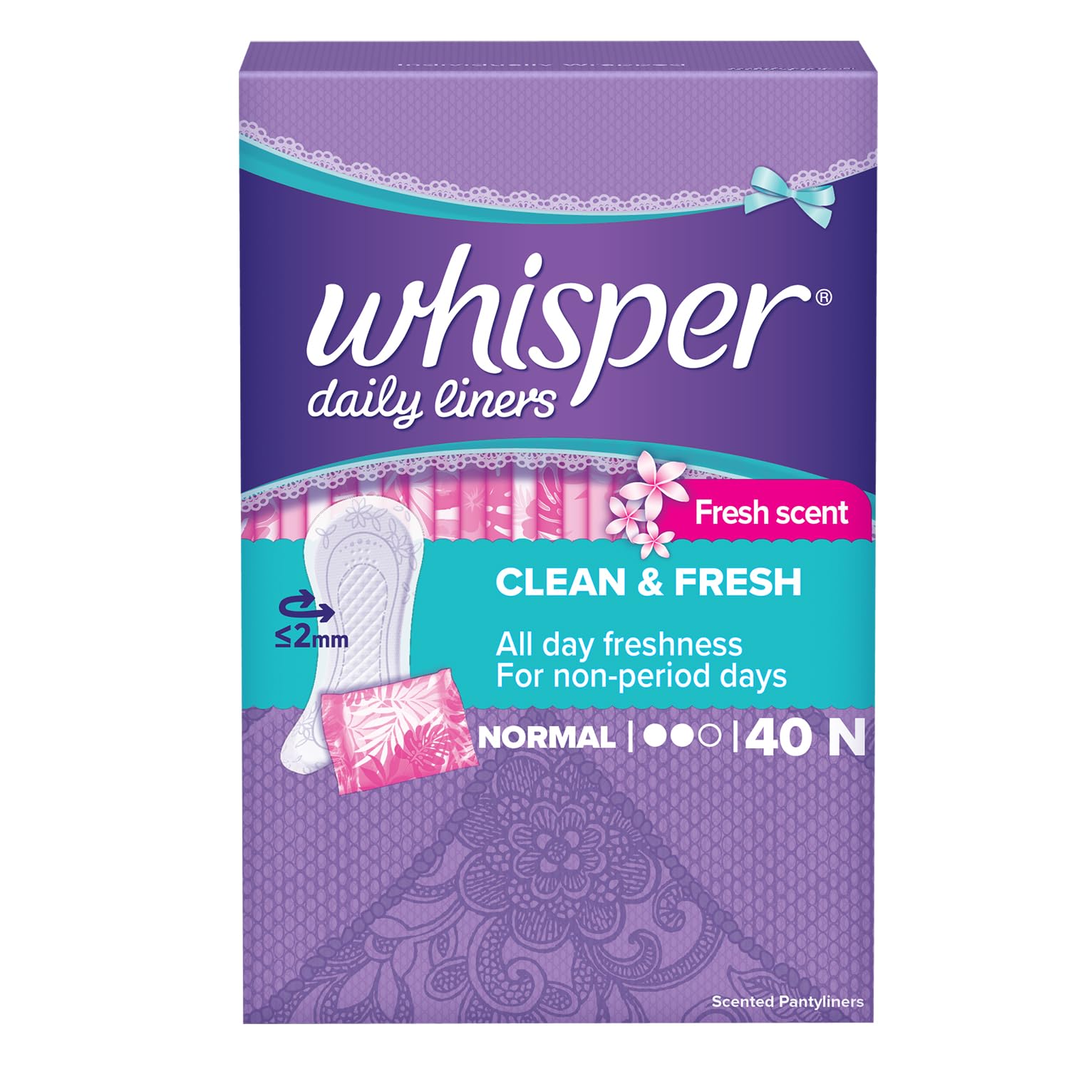 Whisper Clean and Fresh Daily Liners (Normal), 40 Sanitary pads for women (Pack of 1)