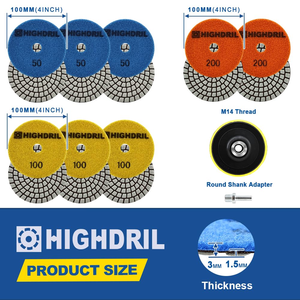 HIGHDRIL Disco Pulido Diamante Set - 8 Piezas 100mm Grano #50x3/100x3/200x2 Almohadilla Pulir Suelo + M14 Soporte Plástico + Adaptador para Abrillantar Mármol Granito Hormigón Piedra