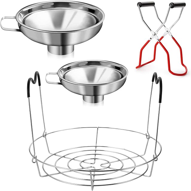 Cedilis 4 Pieces Canning Kit, 1PC Canning Rack+ 1PC Canning Jar Lifter Tong+ 2PC Canning Funnels, Stainless Steel Canning Supplies Canning Rack and Canning Tong for Mason Jars