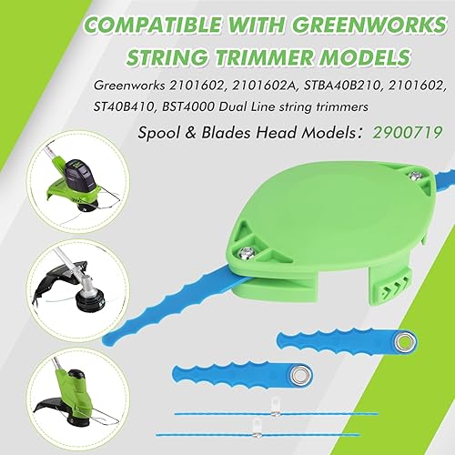 Miniatura 10 de 2900719 - Cuchillas y carrete de repuesto de policarbonato compatibles con Greenworks 2101602, 2101602A, STBA40B210, 2101602, ST40B410, BST4000,