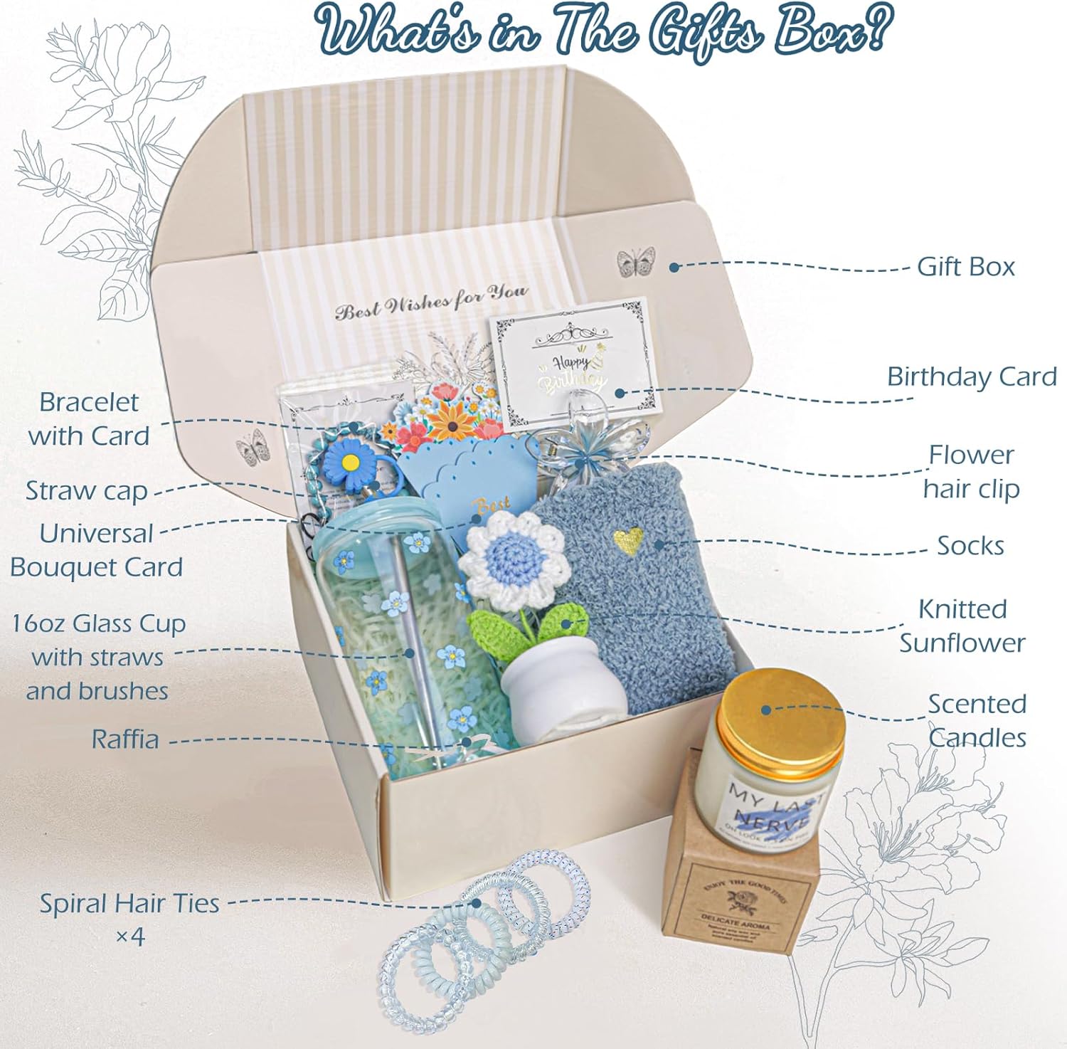 Happy Birthday Gifts for Teen Girls, Unique Gift Baskets for Women, Her, Self Care Thank You Get Well Valentines Day Present Set, 14pcs Cute Teenage Box for Friend Mom Sister Coworker (Blue) - Image 2