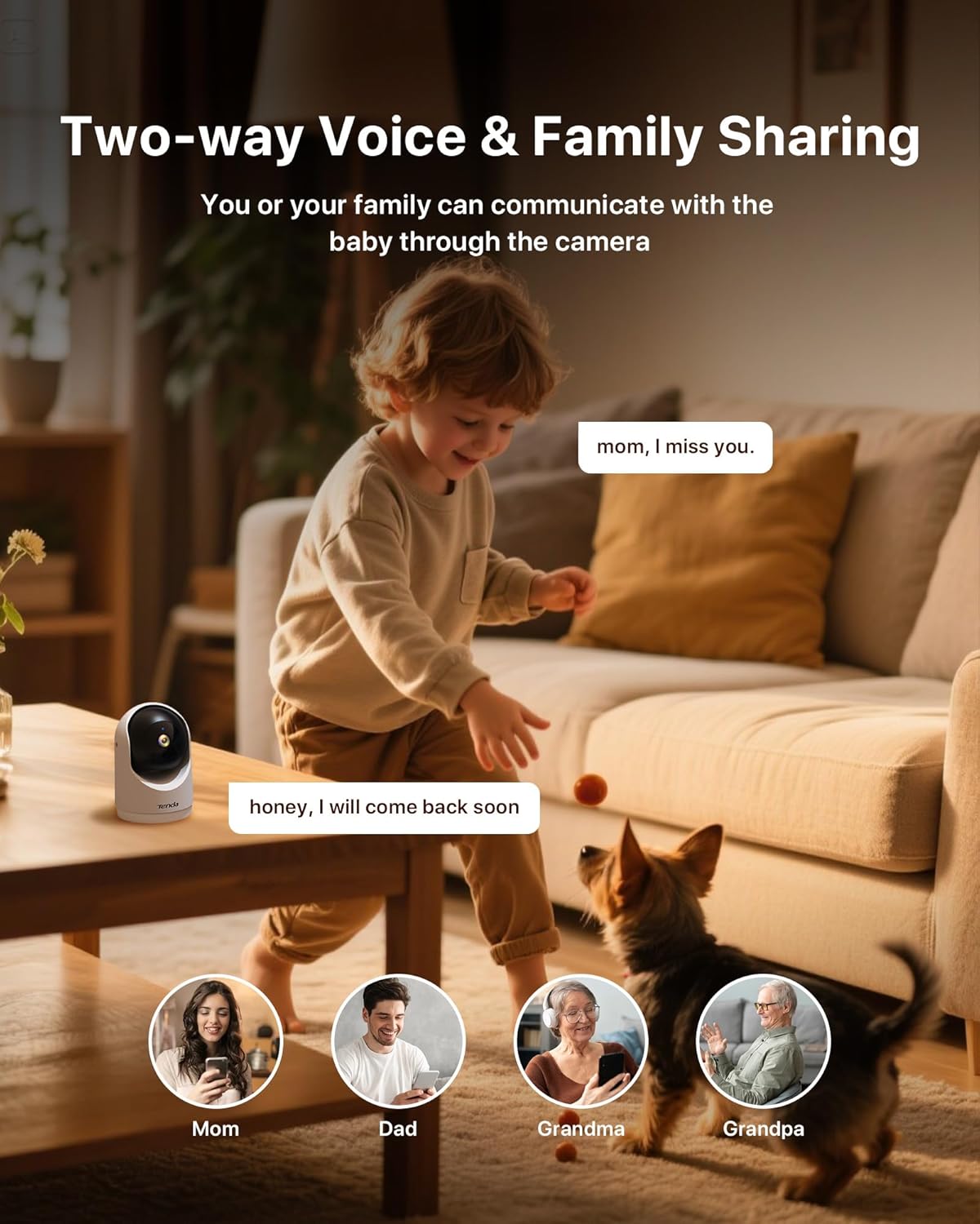 Tenda CP3 Camera enabling two-way audio communication with a child and pet