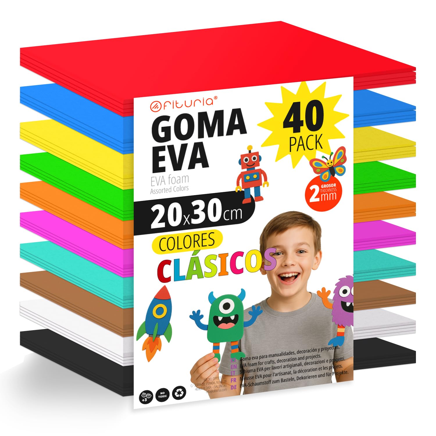 OFITURIA Pack of 40 Sheets of EVA Rubber Classic Colours, Size 20 x 30 cm, 10 Basic Colours, for School or Professional Use, EVA Rubber (Classic Assortment)