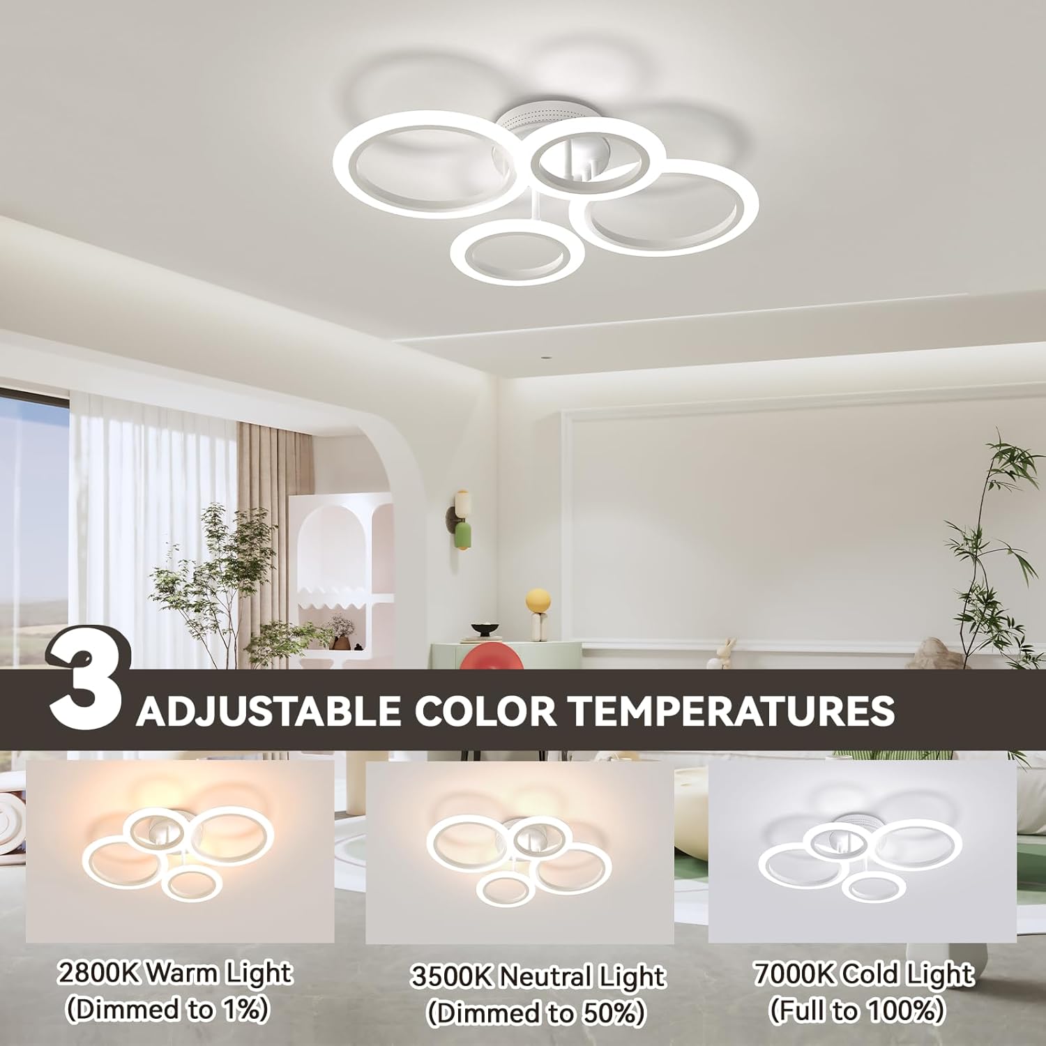 48W LED Ceiling Light, 2800K-7000K Dimmable Kitchen Light Fixtures, White 4 Arylic Ring Flush Mount Lights for Living Room, Round Chandeliers Lampara de Techo for Bedroom, Small Room