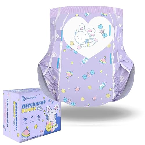 Landofgenie Adult Diapers Incontinence Underwear Large Overnight Printed Diapers with Tabs 10 Pieces - Astronaut Bunny (Medium 28"-38") - Purple - Medium