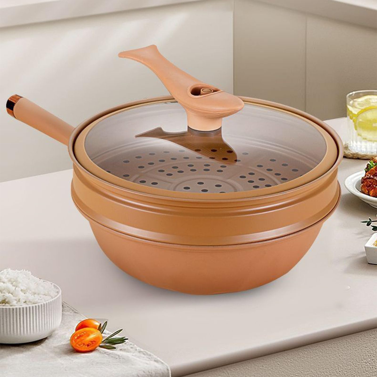 Wok in ferro da 32 cm con coperchio, pentola antiaderente in argilla, wok in ferro sano, pentola per cottura a vapore e cottura, con cestello per cottura a vapore, padella antiaderente per friggere e