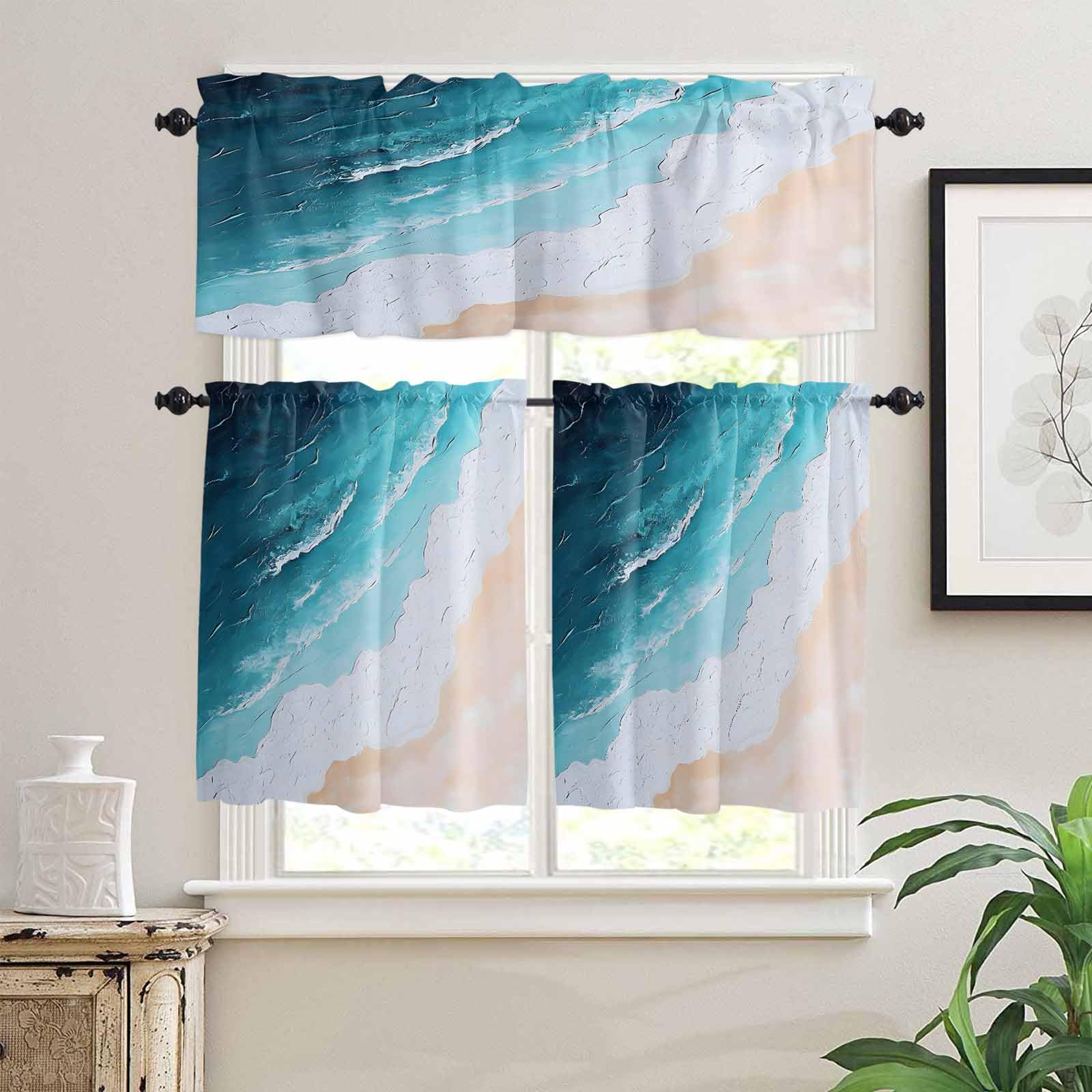 Blue Ocean Kitchen Curtains 36 Inch Length, 3 Piece Rod Pocket Small Half Tiers and Valance Set, Summer Beach Waves Coastal Natural Art Small Large Window Treatment Decor for Bedroom/Bathroom Sink