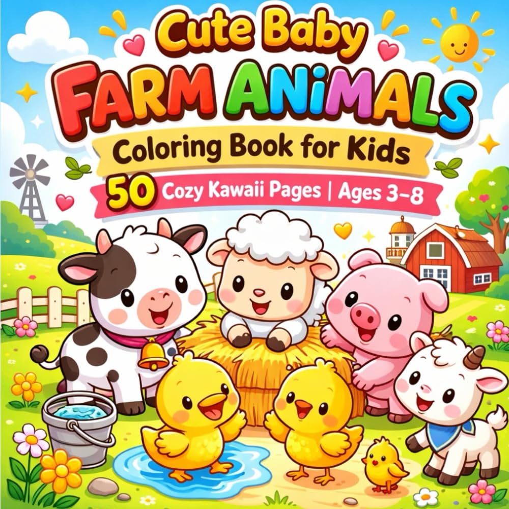 Cute Baby Farm Animals Coloring Book for Kids: 50 Cozy Kawaii Coloring Pages of Calves, Lambs, Piglets, Ducklings, Goats, Chicks and More | Ages 3–8