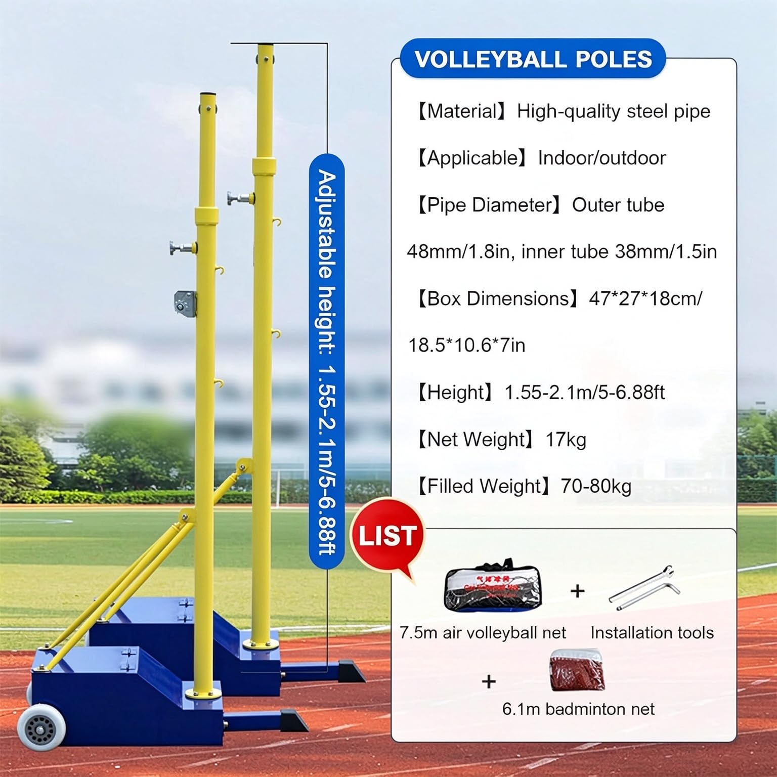 Pali da pallavolo/Badminton con Rete, Altezza Regolabile da 1,5 m a 2,07 m