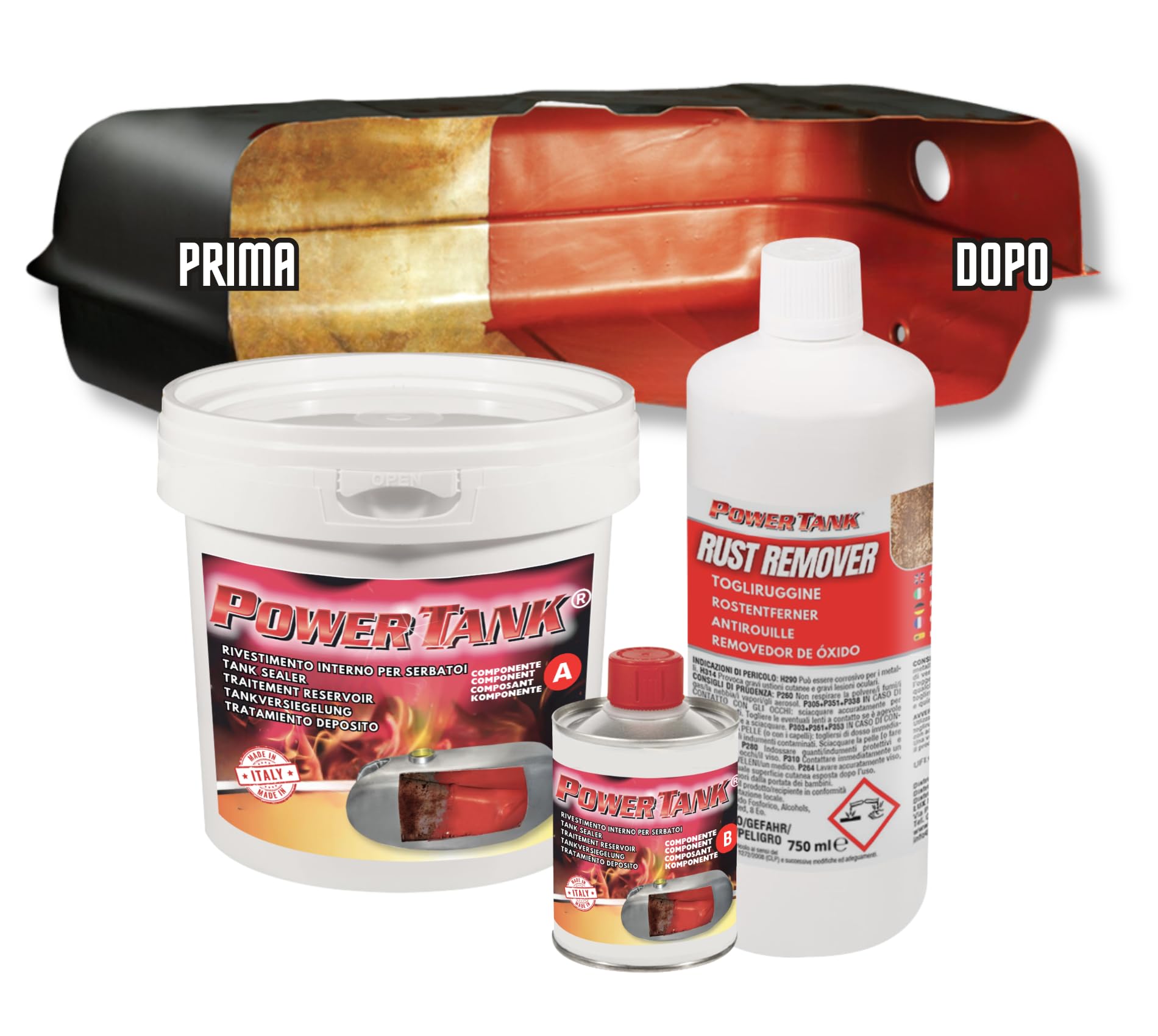 POWER TANK Trattamento Serbatoio Moto Auto (100/120 Litri) Kit Very big 2,5 kg per interno Serbatoi benzina Diesel Gasolio Elimina la Ruggine Ripara Protegge Arrugginito Vespa d'Epoca con Antiruggine