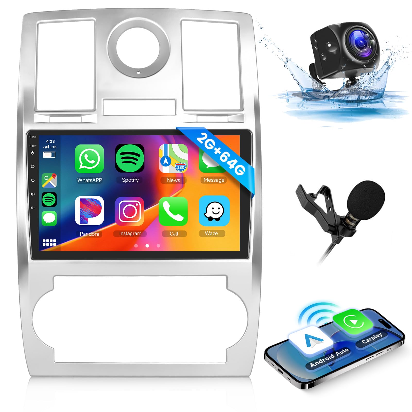 Hodozzy 2GB 64GB Android Autoradio per Chrysler 300 300C 2004-2011 Radio con Carplay Wireless Android Auto, Stereo 9 Pollici Touch Screen con GPS Navigatore, Bluetooth WiFi, FM RDS Radio, DSP 2 Din