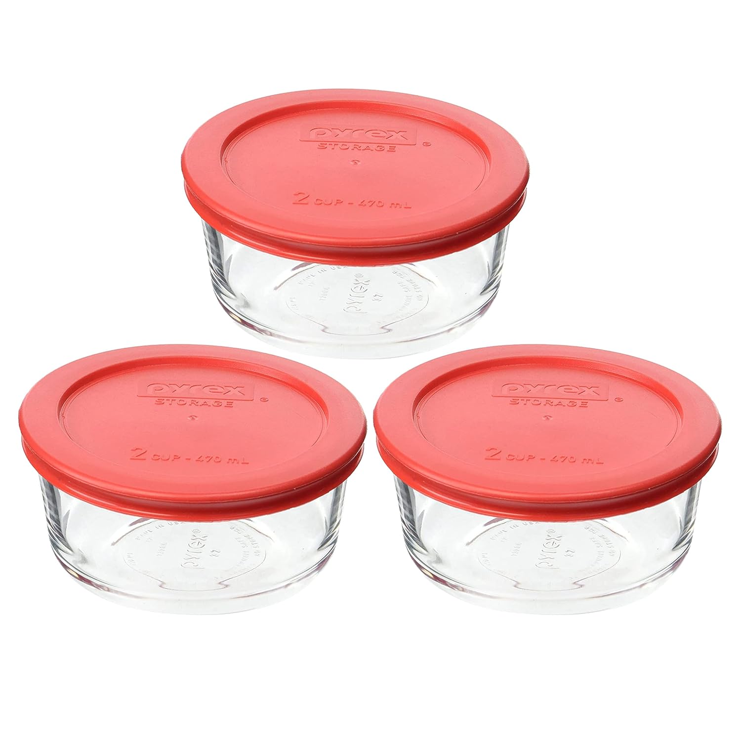 Pyrex (3 7200 2 Cup Glass Bowls & (3) 7200-PC Red Food Storage Replacement Lids - Made in USA