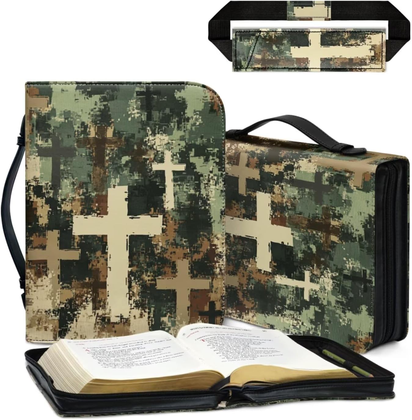 FOR U DESIGNS Bible Carrying Case and Pen Holder Set PU Leather Cross Print Church Bag for 6x9x1.6 Inch Compact Bibles Green Camo Religious Accessories Small