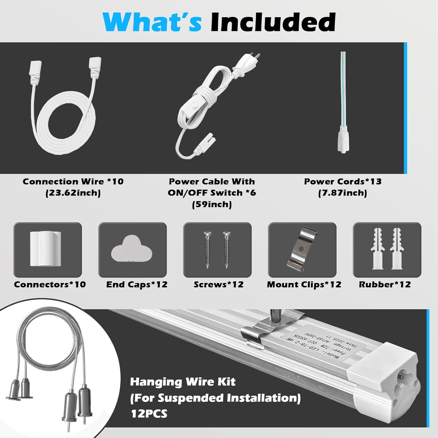 FUQUN 8FT LED Shop Light 12 Pack, 90W 12000LM 6500K, V-Shape 270° Linkable, Plug-in/Hardwire, Inline ON/Off Switch, Clear Cover, Hanging/Surface Mount T8 Light for Garage Workshop Warehouse
