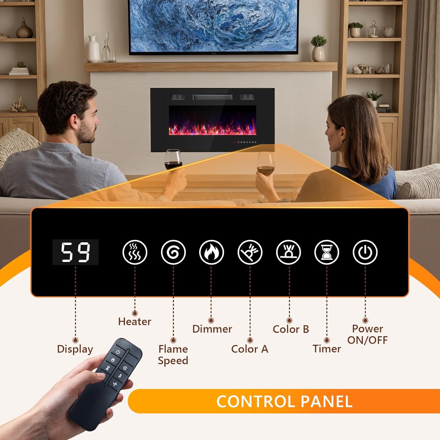 36 Inch Electric Fireplace Insert, Electric Fireplace Wall Mounted with Remote & Timer, Low Noise Heater Fireplaces for Living Room, Modern Recessed Fireplaces Decor