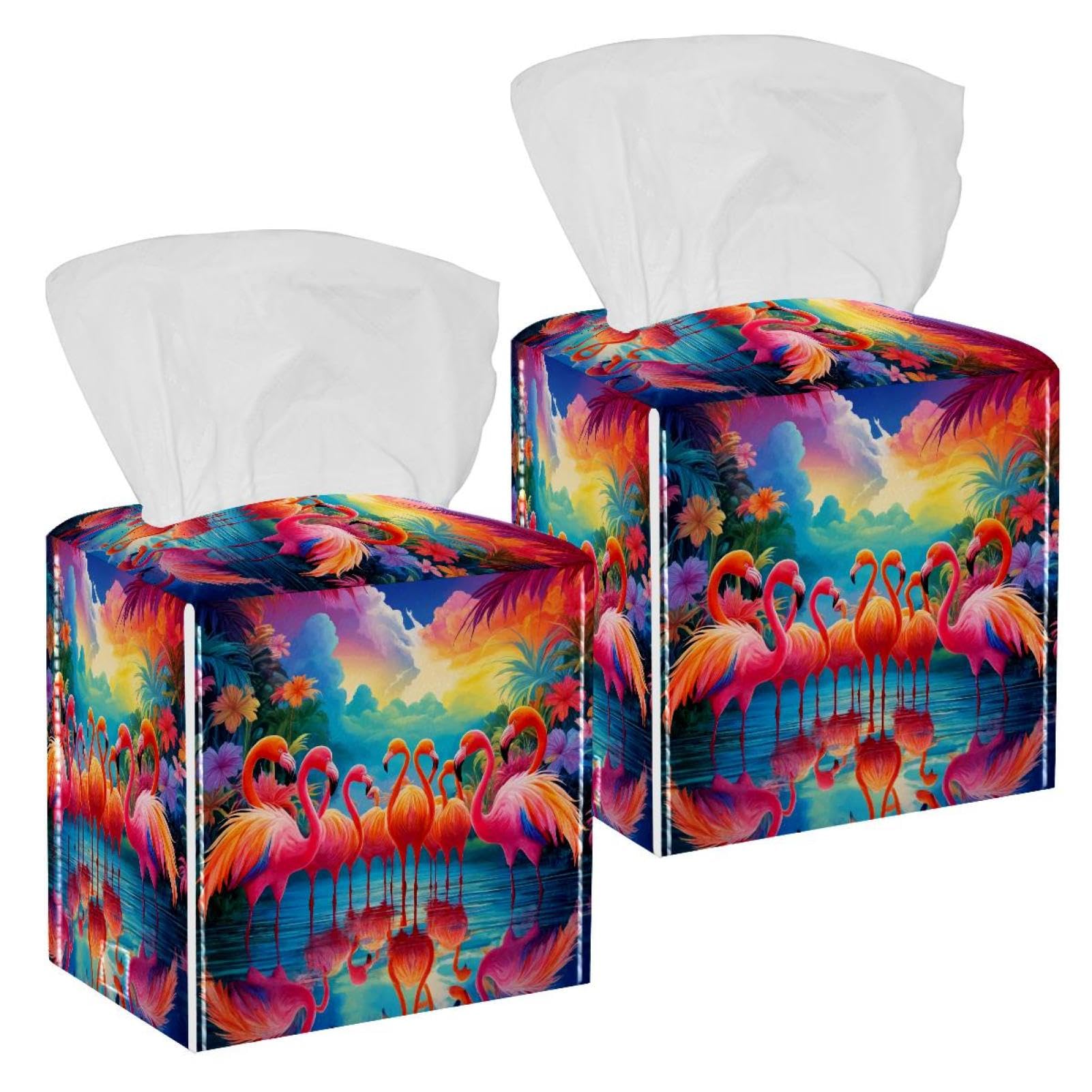 Flamingo Tissue Box Cover, 2 Pack PU Leather Square Facial Tissue Dispenser Box holder for Home Office Car
