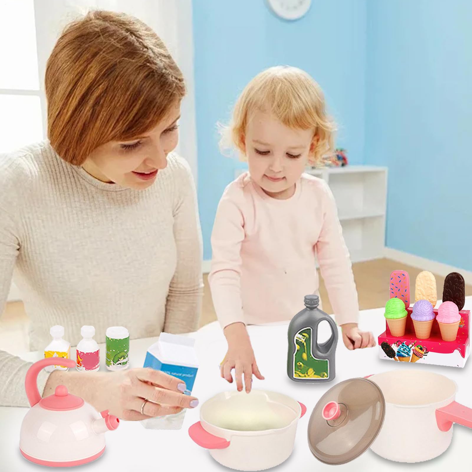 Accesorios Cocina Juguete Infantil Set de juego infantil con accesorios de | Ollas y sartenes para niños Utensilios De Cocinar, Alimentos, Verduras Para Chicos, Cumpleaños, Navidad, Vac