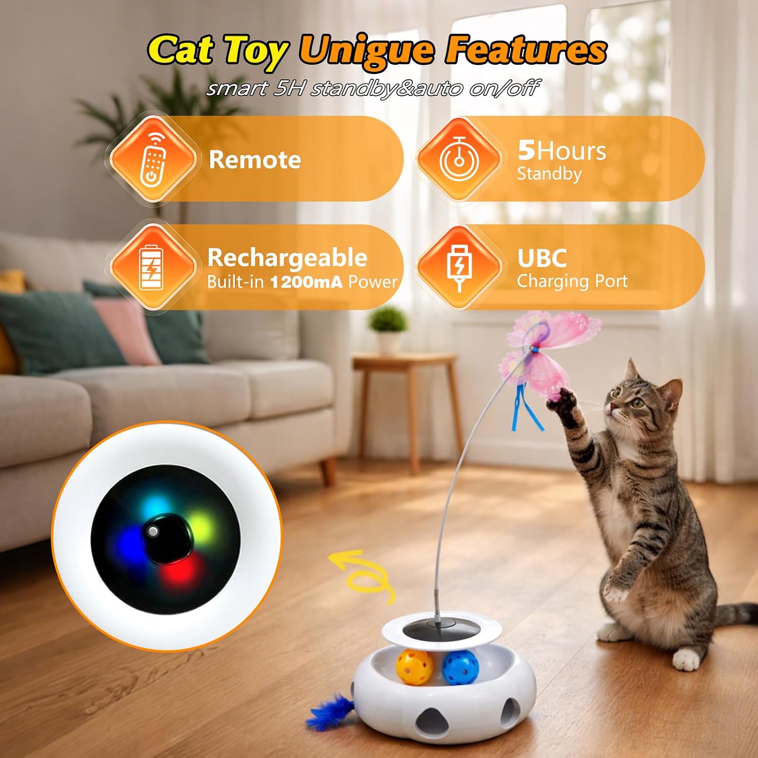3-in-1 Interactive Cat Toy with Remote Control, Automatic Feather Teaser & Rolling Ball Track, Smart Cat Toy for Indoor Cats, Multi-Play Cat Enrichment Toy for Exercise & Boredom Relief