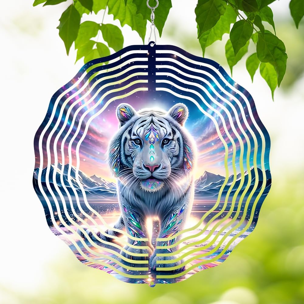 Hanging Tiger Wind Spinner 3D Stainless Steel Animal Wind Sculpture White Tiger Spinner Sculpture for Garden Patio Porch Balcony Tree