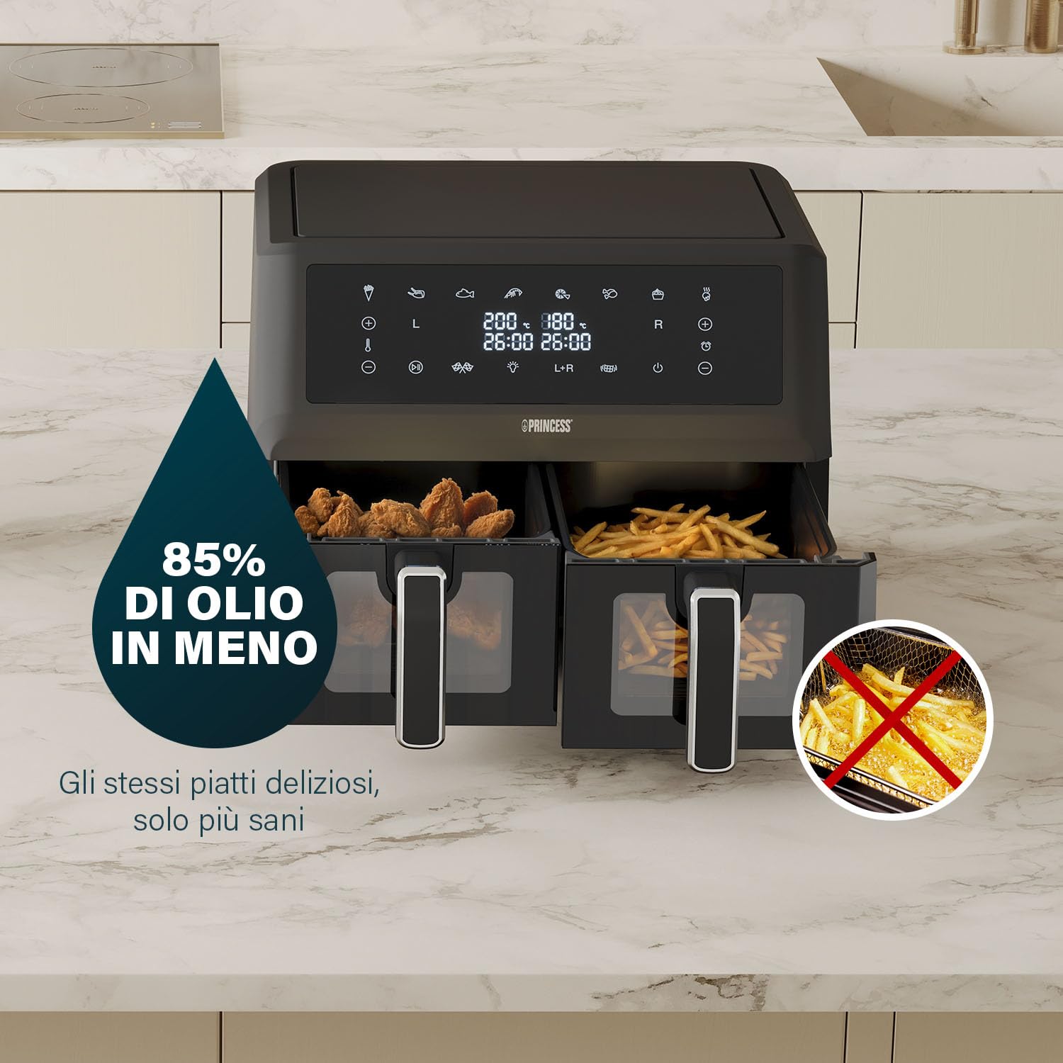Princess XXL Friggitrice senza olio con doppio cestello - 11 L - Senza BPA e PFAS - Fine cottura sincronizzato - 8 programmi - Finestra di visualizzazione - 2400 W - 2x5,5 L - 182276