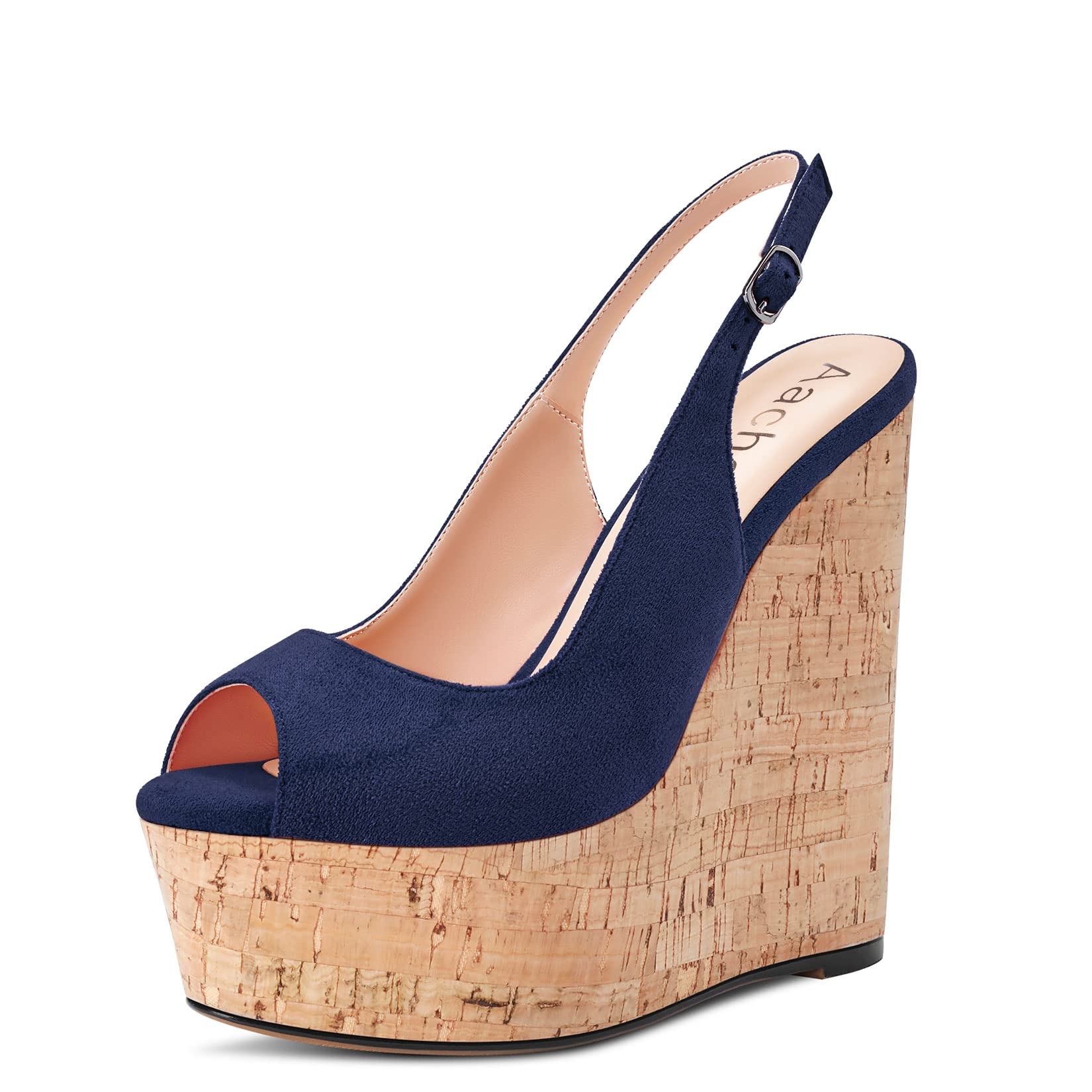 Aachcol Mujer cuña Esparto Plataforma Pumps Abierta Punta Correa Tobillo Slingback Correa Posterior Alto High Heel Dress Zapatos Sandalias Ante 15 CM